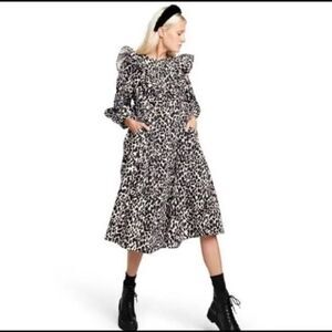 Sandy Liang Target Leopard Print Long Sleeve Midi Dress Ruffle Size Small NWT